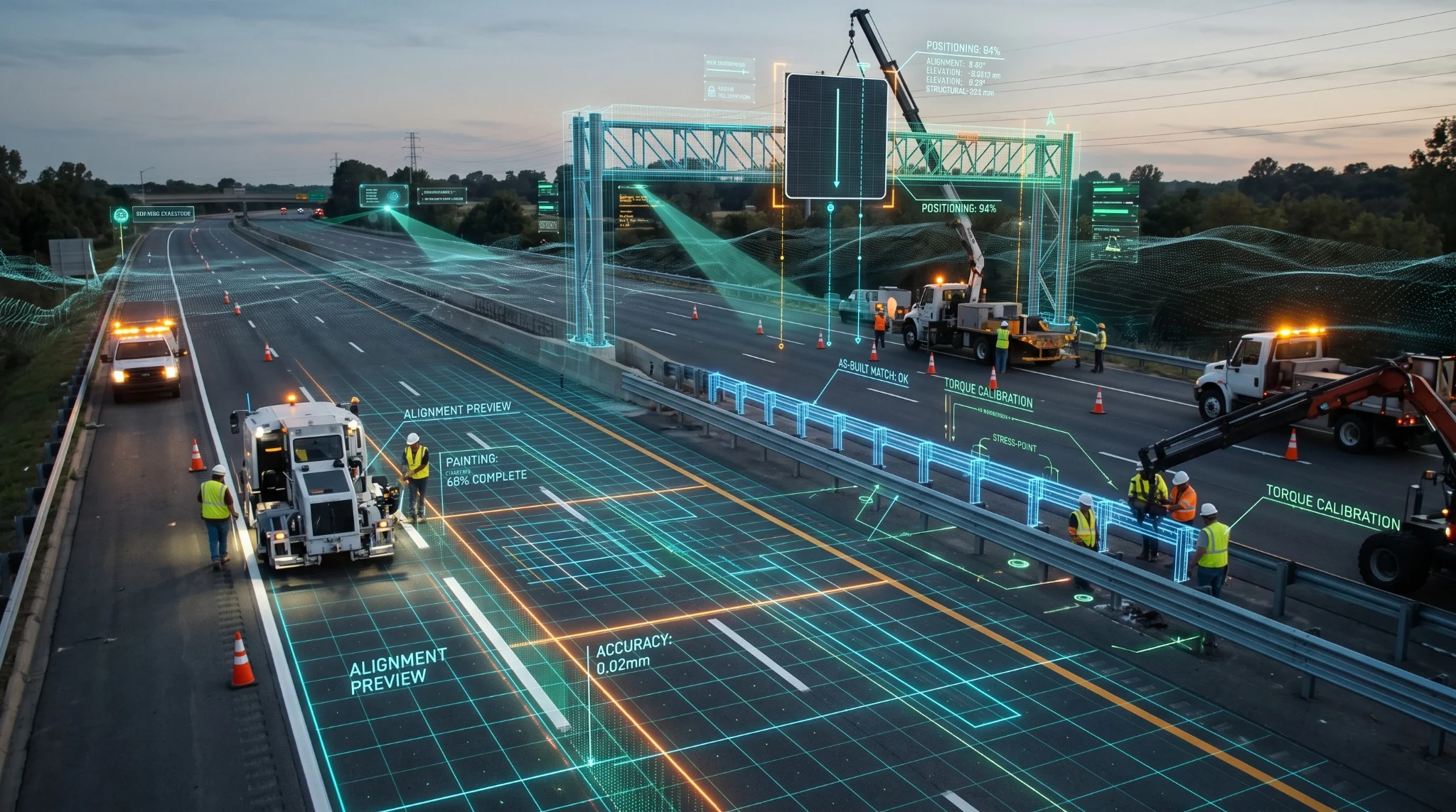 Obras de sinalização rodoviária com aplicação de pintura, defensas metálicas e pórtico sinalizador, acompanhadas por visualização digital